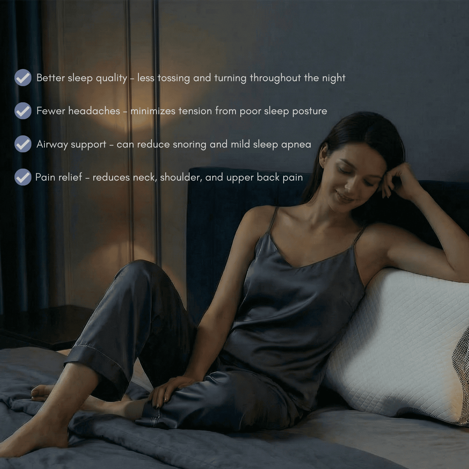 Woman sitting on a bed with a pillow, surrounded by text about sleep benefits.