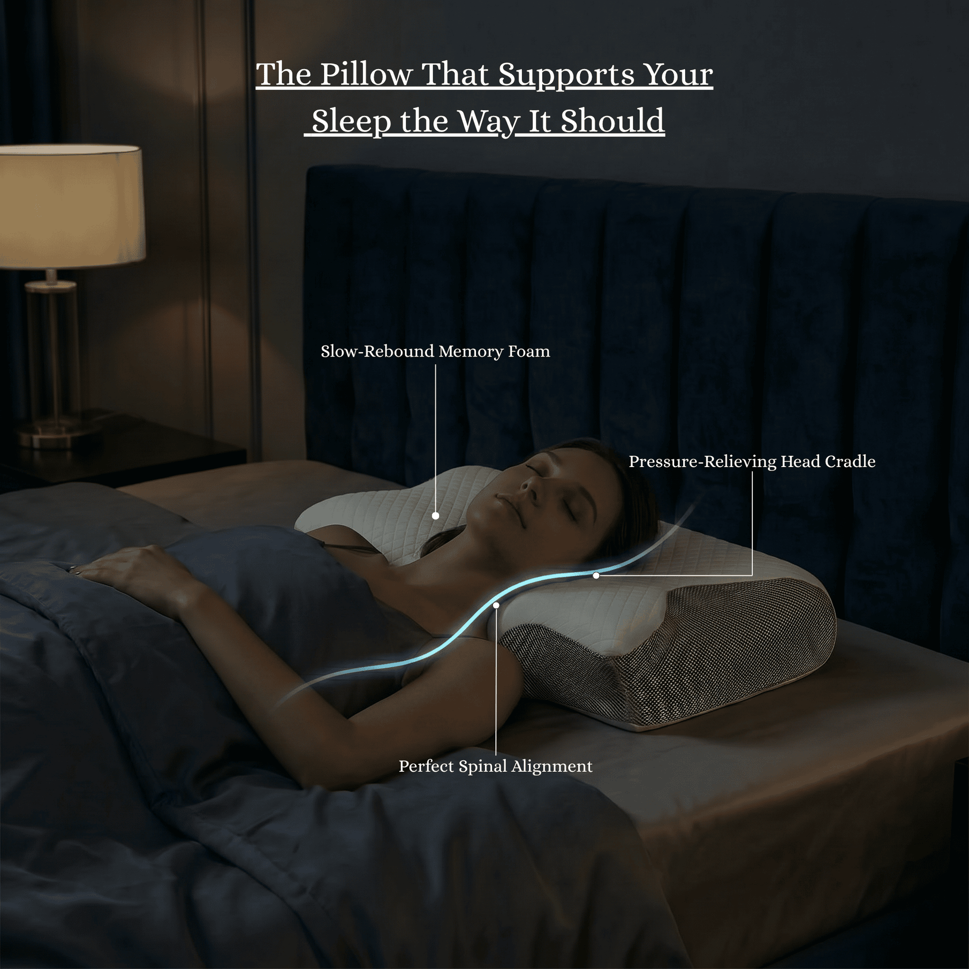 Woman lying on a bed with a pillow, highlighting features like slow-rebound memory foam and pressure-relieving head cradle.
