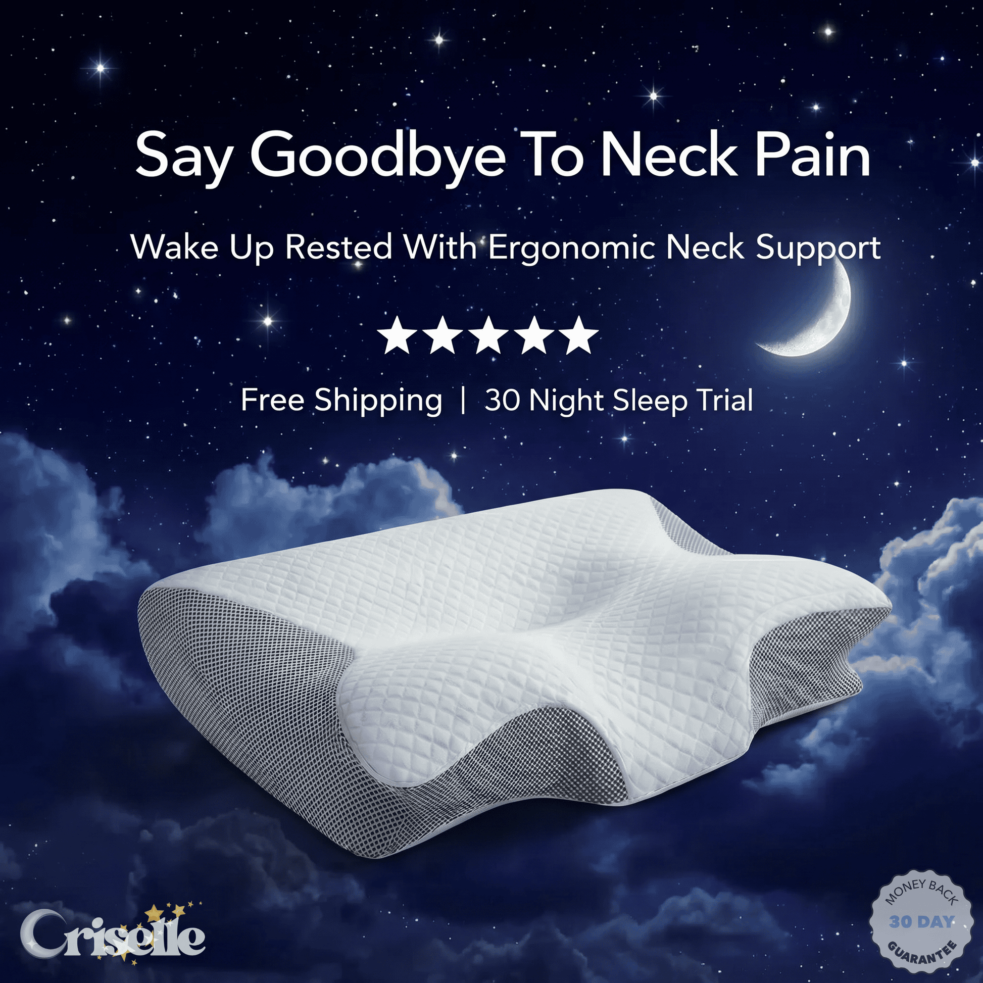 Neck pillow with promotional text against a night sky background